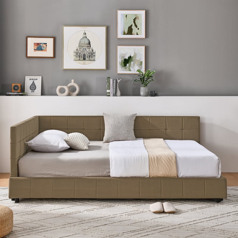 Full Size Daybed Grounded Bed Velvet Upholstered Tufted Bed Frame with L-shaped Backrest & Armrests for Livingroom or Bedroom