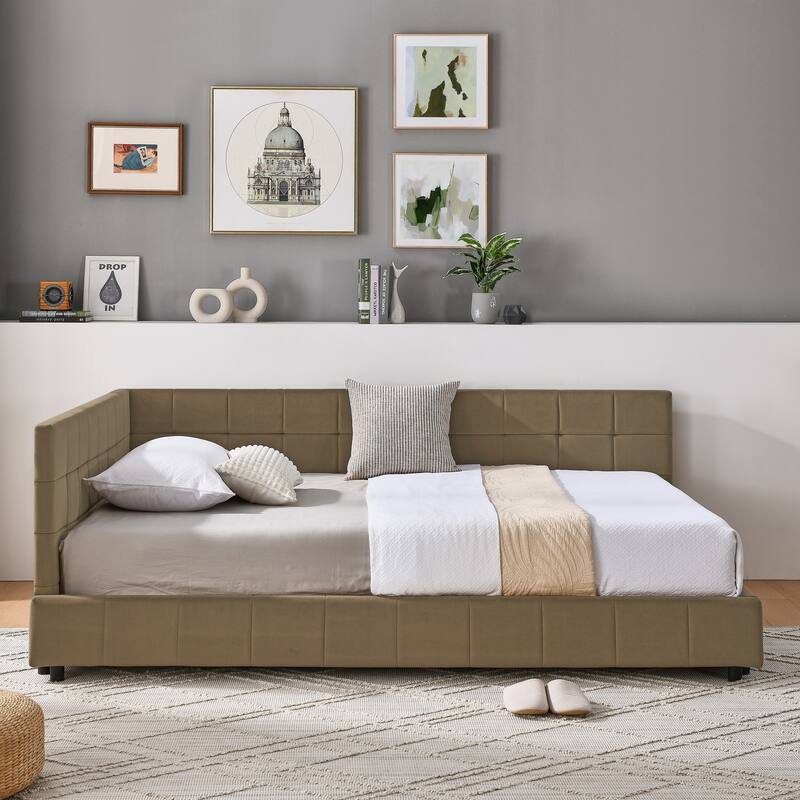 Full Size Daybed L-Shaped, Modern Velvet Upholstered Sofa Day Bed Frame with Wood Slats for Living Room Bedroom