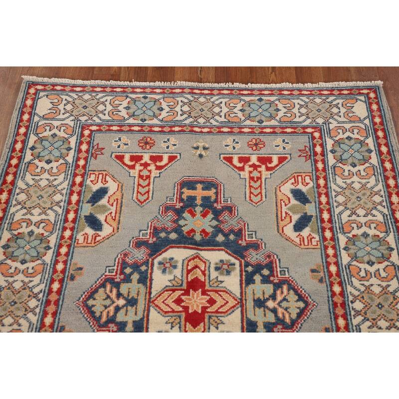 Kazak Oriental Accent Rug Handmade Gray Geometric Wool Carpet - 3'7"x 4'10"
