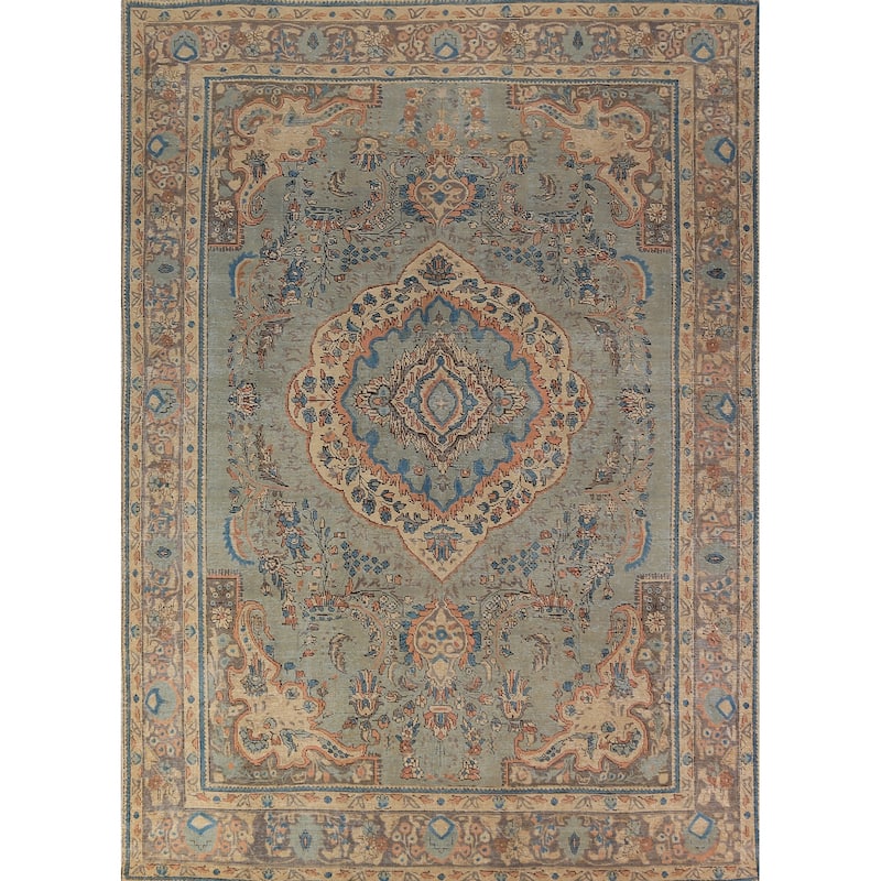 Distressed Blue Tabriz Persian Area Rug Hand-Knotted Wool Carpet - 8'1"x 11'0"