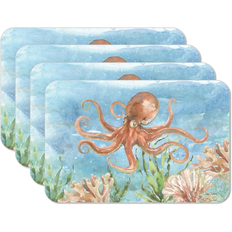 Under Sea Life 4 Pack Reversible Easy Care Flexible Plastic Placemats Made in The USA BPA Free Easily Wipes Clean - Multi