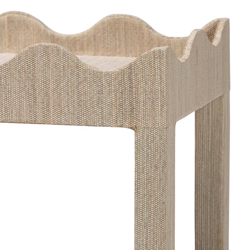 Sebastian Grasscloth Scalloped End Table - 2-Tier Accent Table with Open Shelf Storage for Living Room, Bedroom, or Entryway