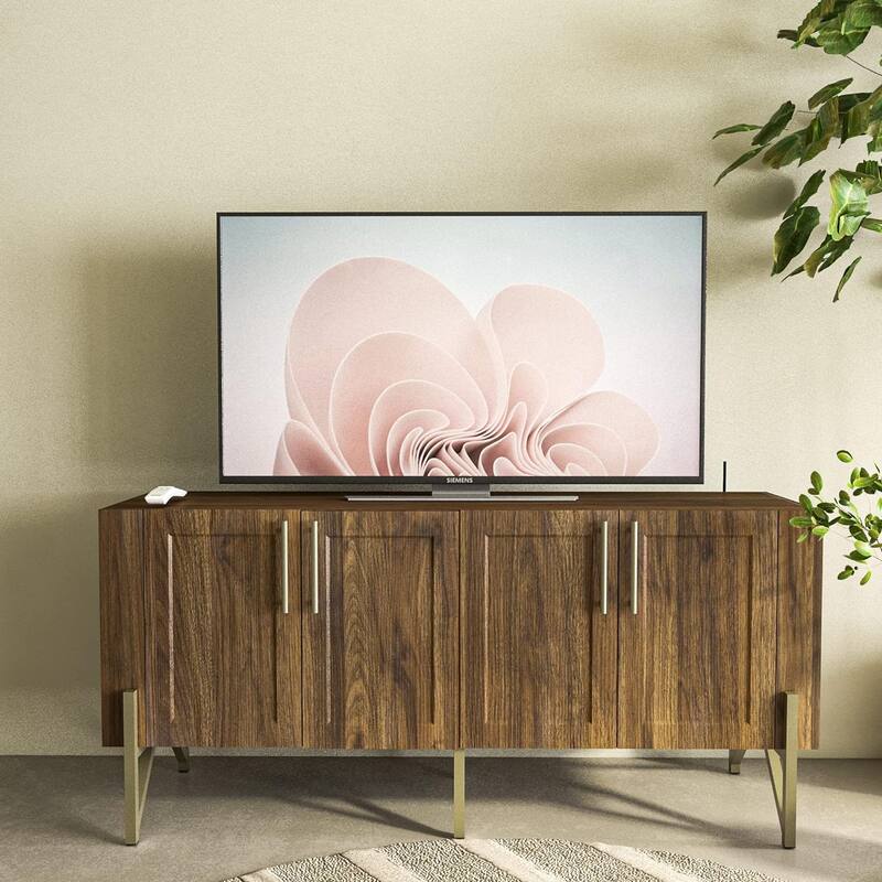 Roomfitters Walnut Finish Mid-century TV Stand Media Console, TV unit Sideboard with Gold Metal Legs - W59"xL17.71"xH27.55"