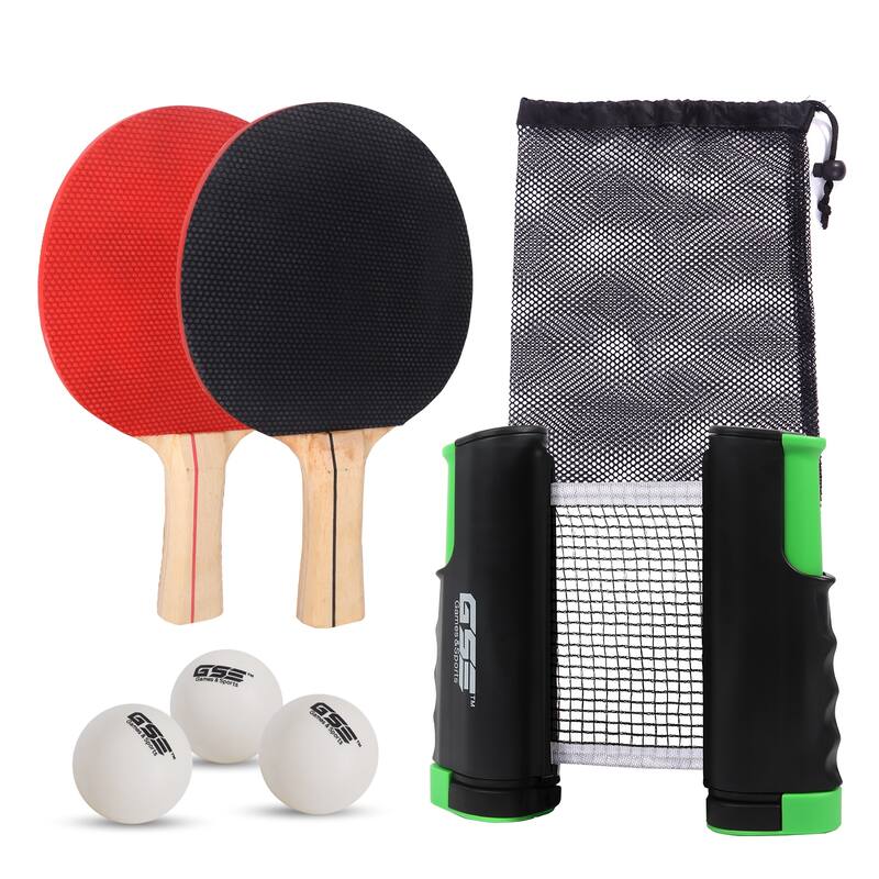 GSE™ Complete Portable Table Tennis Game Set with Retractable Ping Pong Net & Post, 2 Paddles & 3 Ping Pong Balls for Anywhere - Black