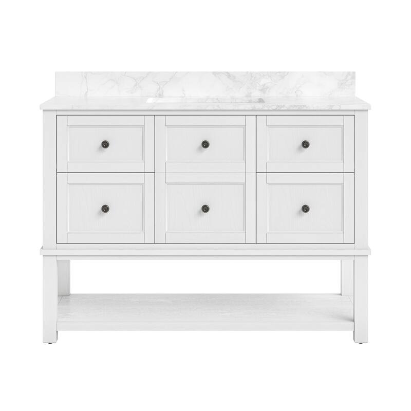 48 Inch Single Bathroom Vanity with 6 Drawers, Marble Top Bathroom Vanity with Sink in White