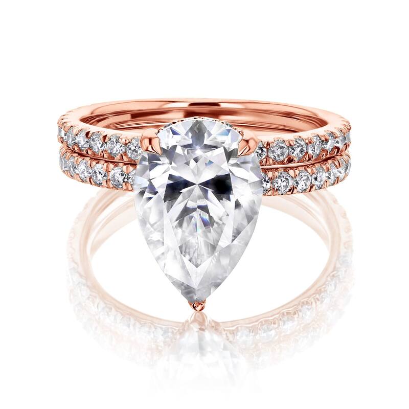 Kobelli Signature Collection 4.3 Carat Moissanite & Diamond 14k Solid Gold Pear Hidden Halo Near Eternity Payton Bridal Set - 5.5 - Rose