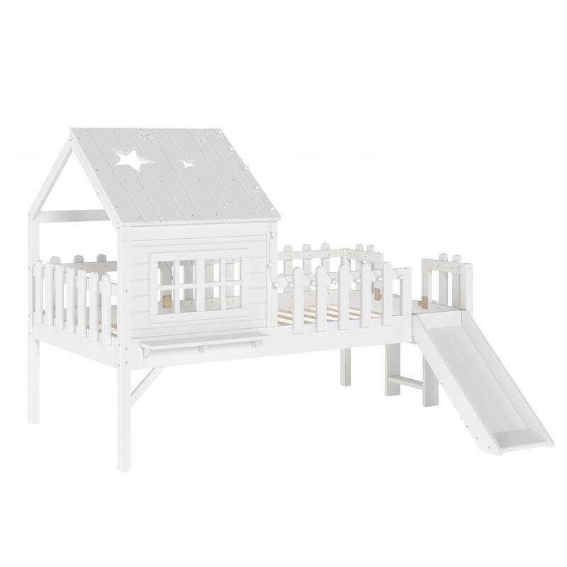 House Loft Bed with Slide and LED Lights, Kids Playhouse Bed with Star & Moon Cutout Roof and Window, Low Loft Bed