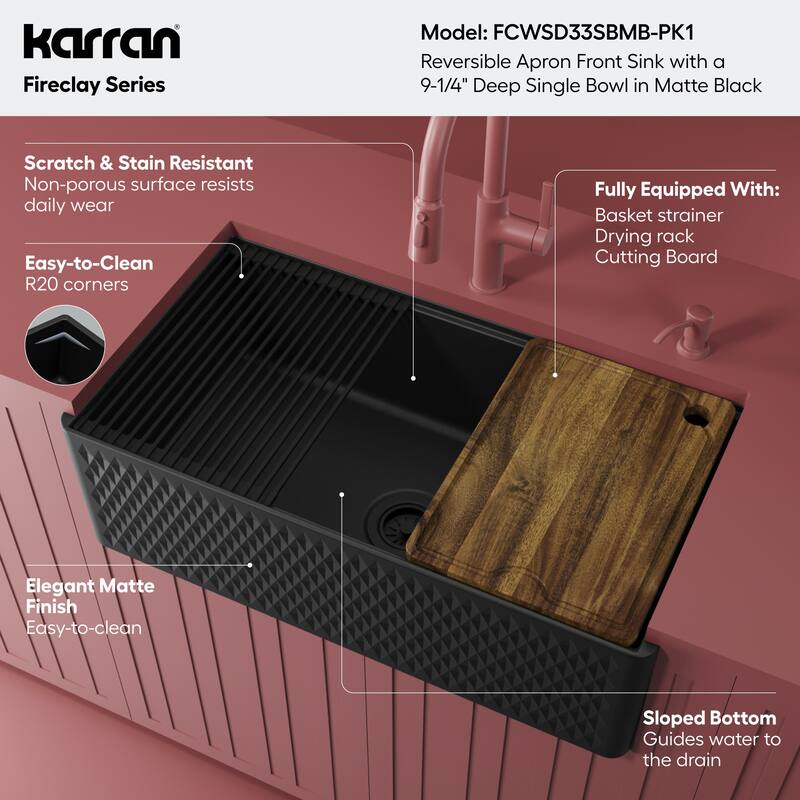 Karran 33" Single Bowl Workstation Fireclay Kitchen Sink with Reversible Diamond/Flat Apron Front