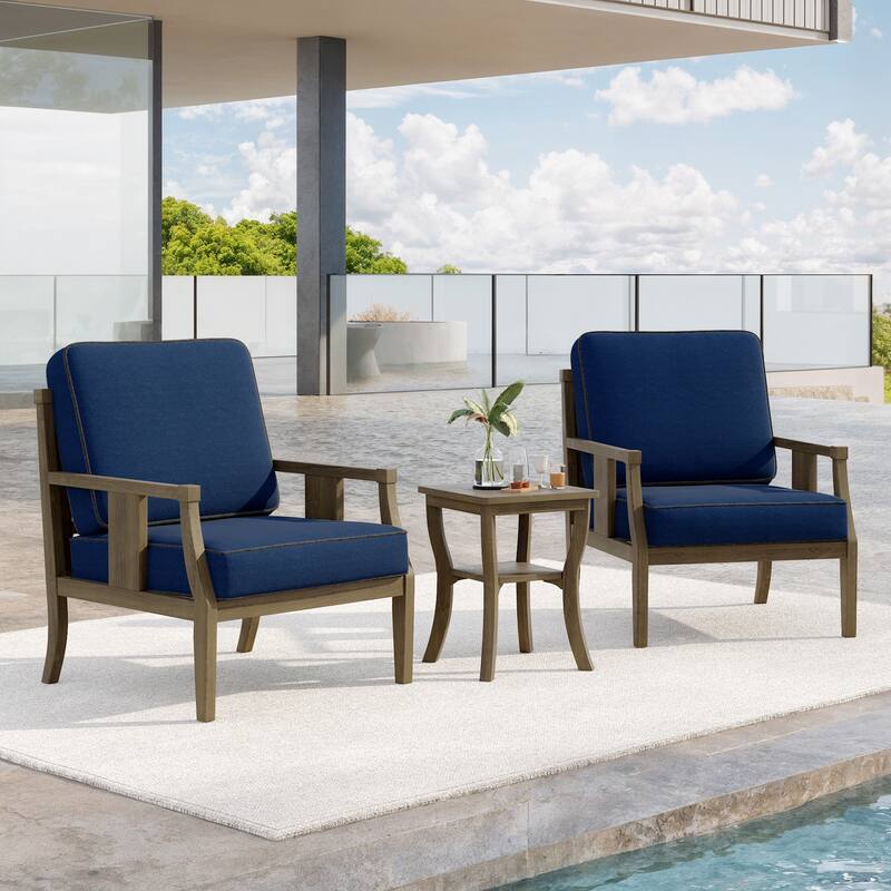 3-Piece Teak Wood Outdoor Armchair Set with Side Table, Cushions, Patio Seating Sets - Natural Wood - Navy