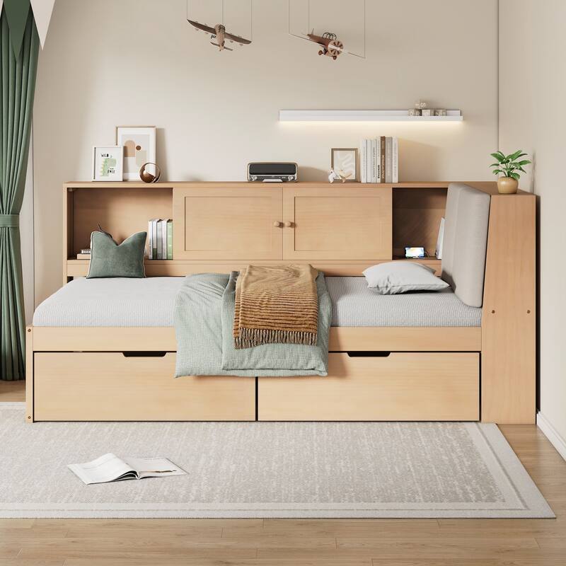 Wooden Twin Size L-shaped Daybed Corner Bed Under-bed Drawers with Storage Bookcase and Upholstered Headboard