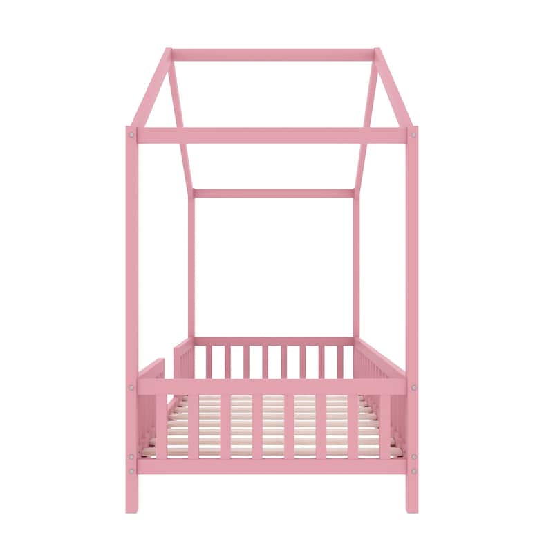 Montessori Toddler Bed Kids House Bed with Airy Canopy, Wood Bed Frame Bed Tent with 4 Full Guardrails, No Box Spring Needed