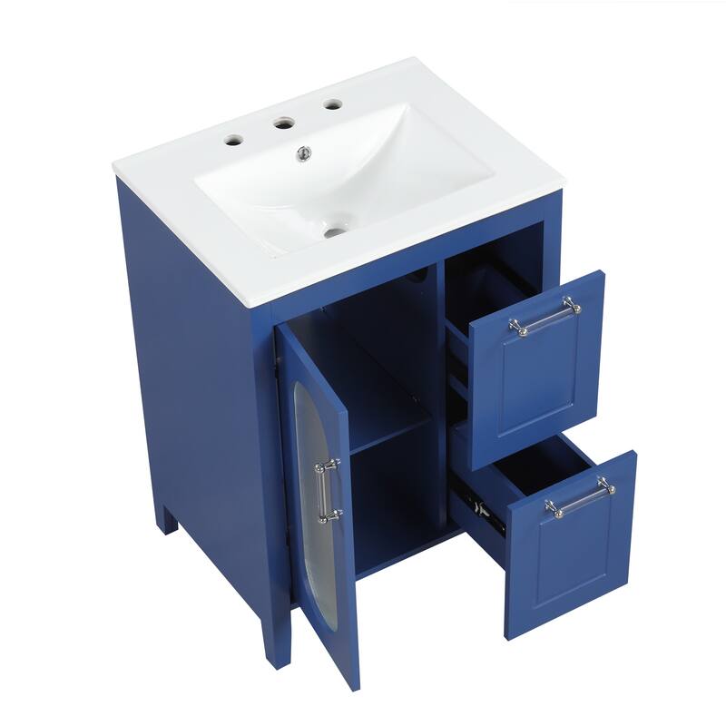 Bathroom Vanity with Sink, Vanity Set with Glass Door and 2 Drawers, Wooden Bathroom Cabinet with Adjustable Shelf