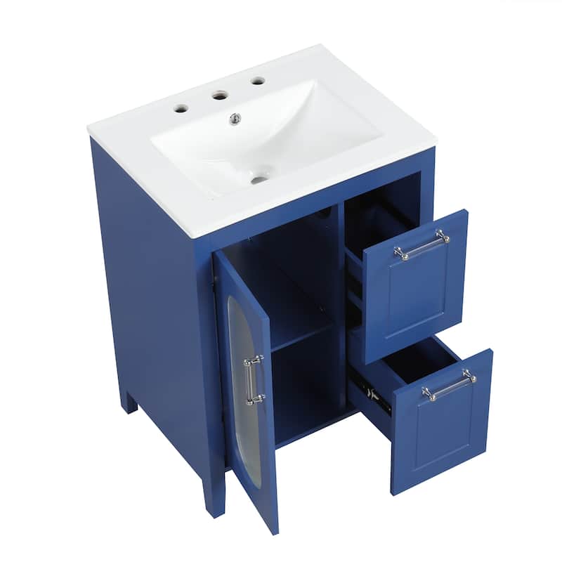 GDFStudio - Emma 24-Inch Bathroom Vanity with Ceramic Sink, Moru Glass Door and Adjustable Storage