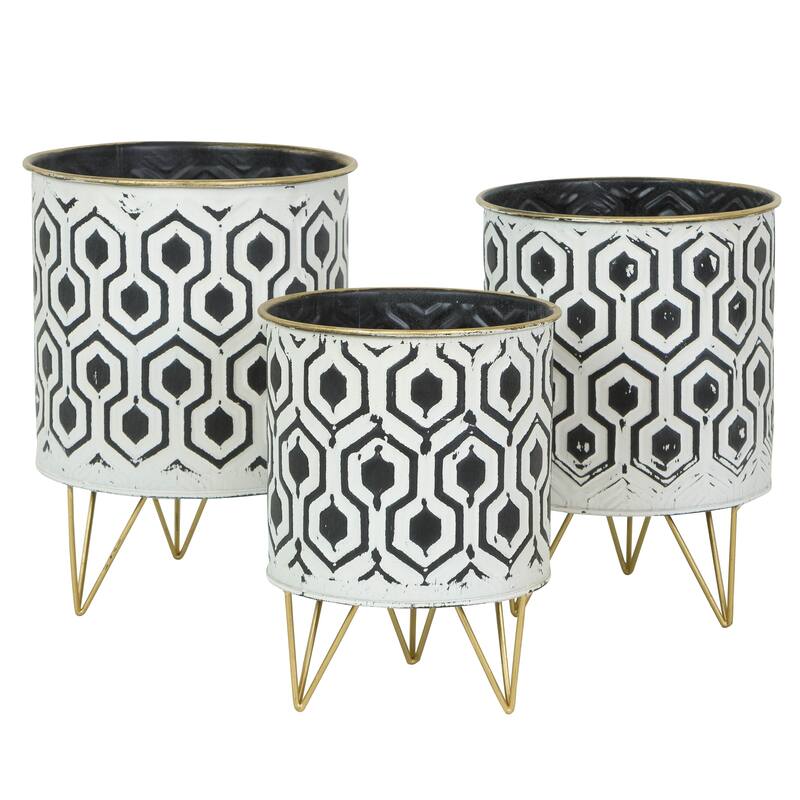Andrey Black/White Hexagonal Indoor Metal Pot Planters (Set of 3) - 11.5"H x 8.5"W x 8.5"D