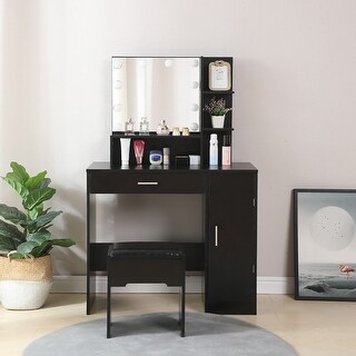 Vanity Set With Lighted Mirror Cushioned Stool Dressing Table Makeup ...