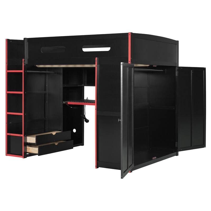 Full Size Versatile Loft Bed w/ Built-in Desk w/ Charging Station, Wood Storage Gaming Bed Frame w/ Wardrobe and Drawer