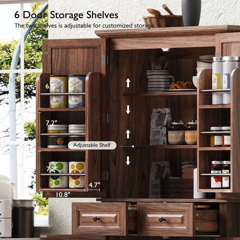Kitchen Pantry Cabinet with 3 Pull Out Trays, Freestanding Buffet Cabinet with Adjustable Shelves, 2 Door Organizers & 2 Drawers