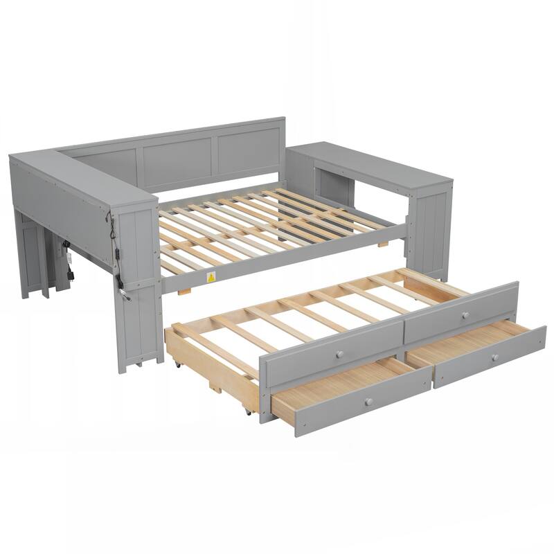 Full Size Daybed with Storage Shelves,Drawers,Trundle,Charging Station,LED Light
