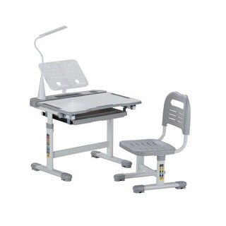 Grey Height Adjustable Kids Chair and Desk Set with Lamp and Tilted Desktop - 27.56 x 20.08 x (20.87 - 27.95) in