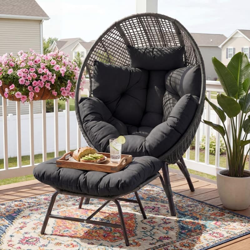 Oversized Wicker Egg Chair with Ottoman, 6.5" Thick Cushions, 440 lb Capacity, Stationary Boho Indoor/Outdoor Lounge Chair - Dark Grey