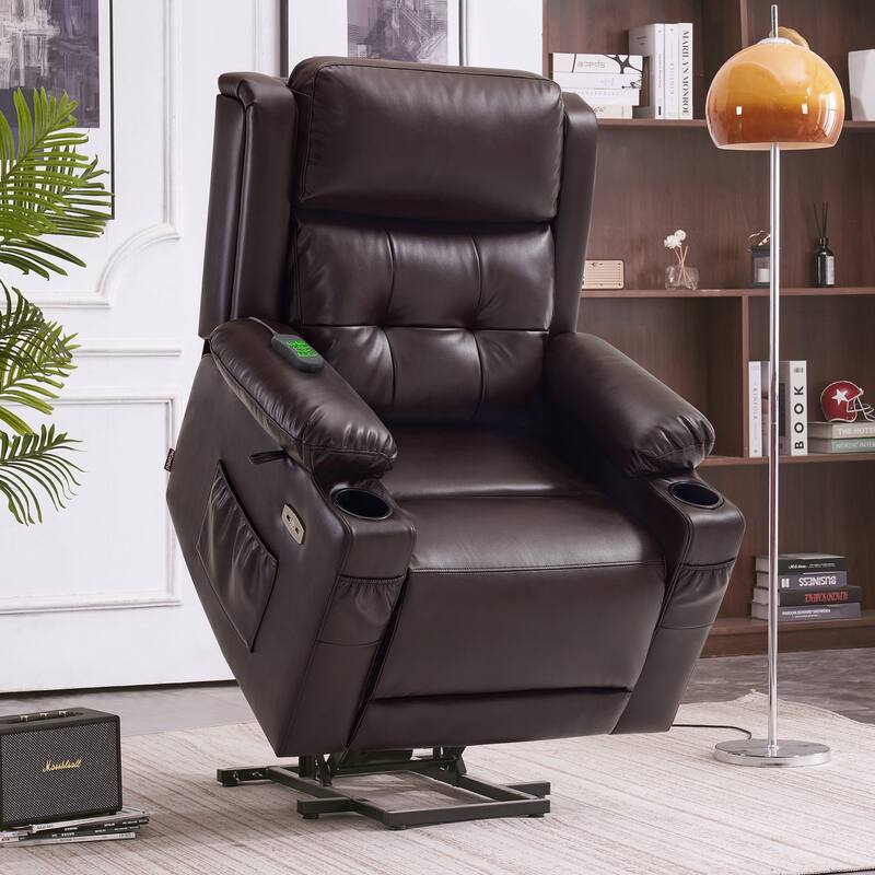 MCombo Lay Flat Dual Motor Power Lift Recliner Chair Sofa with Heat and Massage, Infinite Position, Faux Leather 7661 - Dark Brown