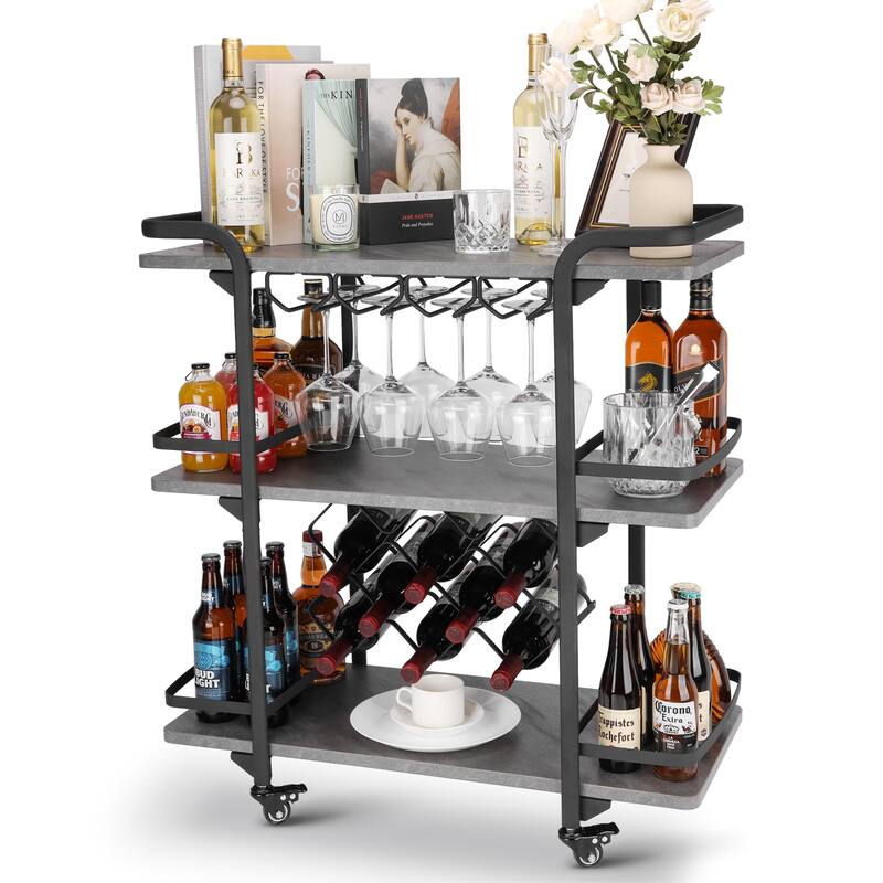 Modern Industrial 3-tier Bar Cart with Wine Rack