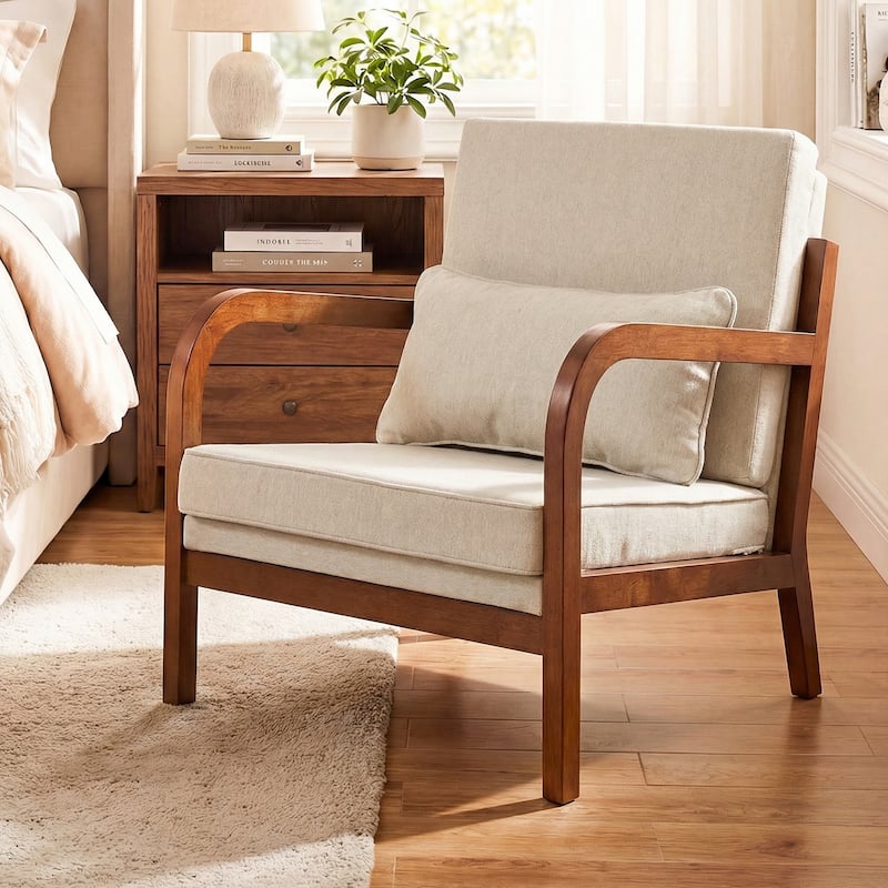 Gymax 2PCS Linen Fabric Upholstered Armchair w/ Lumbar Pillow