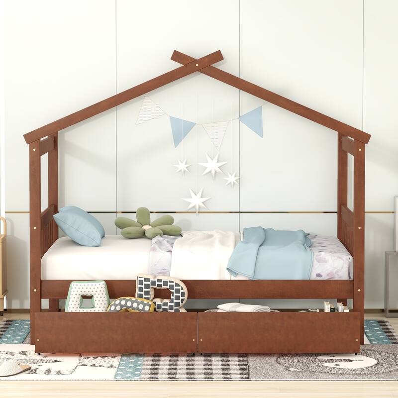 Wooden Twin/Full Size House Bed with 2 Drawers, Solid Pinewood Creativity House Shaped Sofa Bed Frame with Roof Design - Walnut - Twin