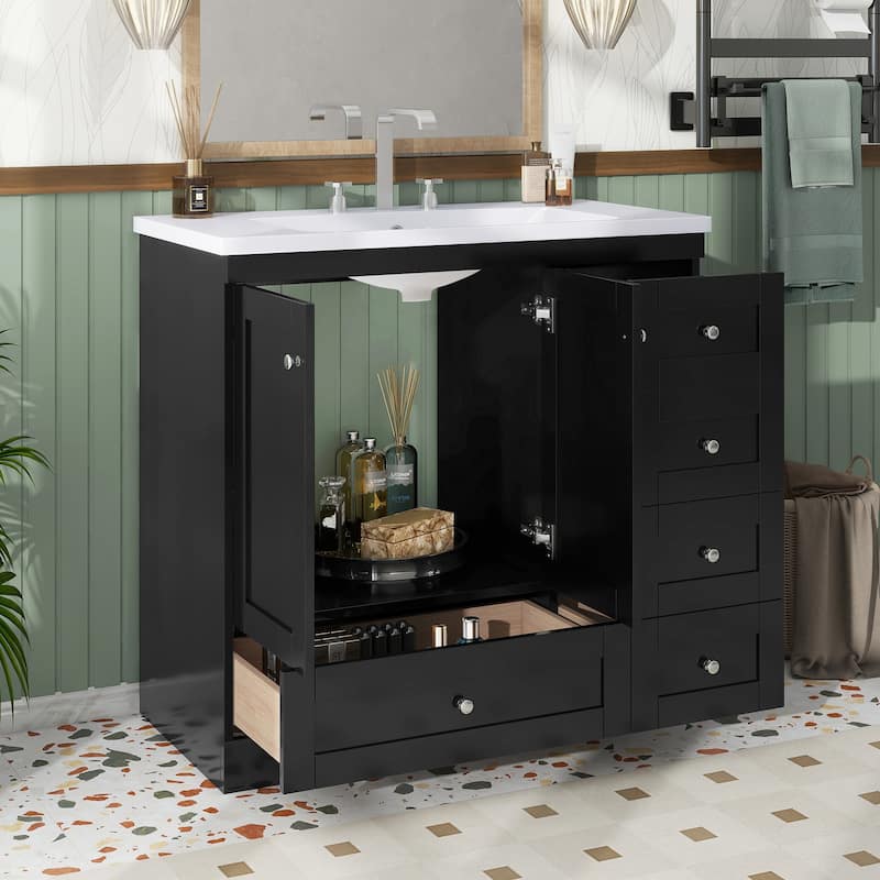 GDFStudio - Vega Wood & Ceramic 36" Shaker Style Bathroom Vanity with Sink, 4 Drawers & 2 Doors