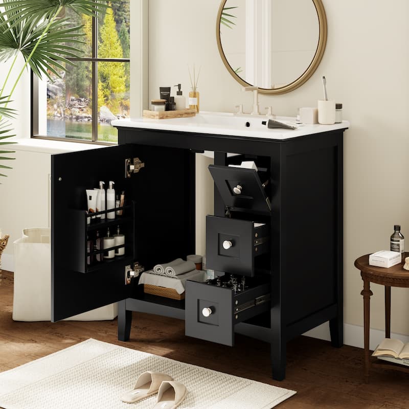 GDFStudio - Rivington Modern Bathroom Vanity with Ceramic Sink and 3 Storage Drawers - 30'W