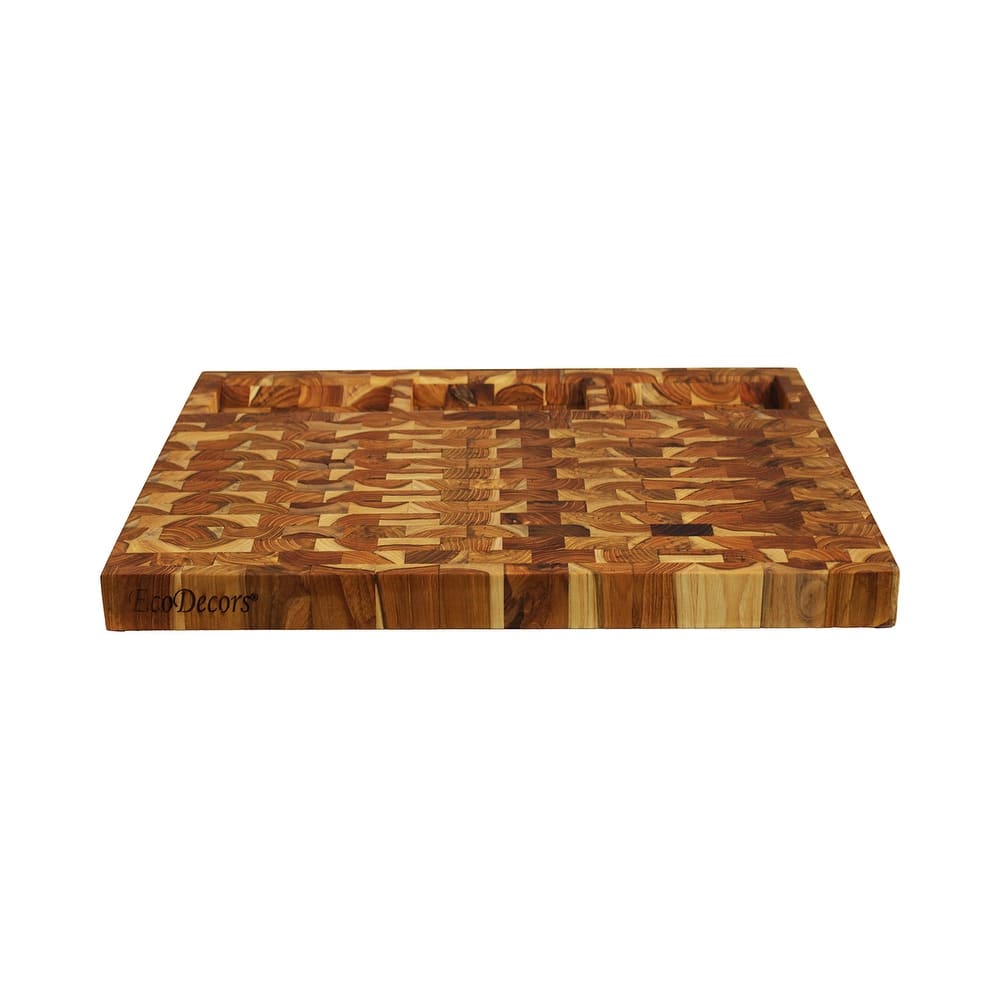 EcoDecors FSC Certified Teak Cutting Board 20" x 15", End Grain Butcher Block, Juice Groove, Side Handles
