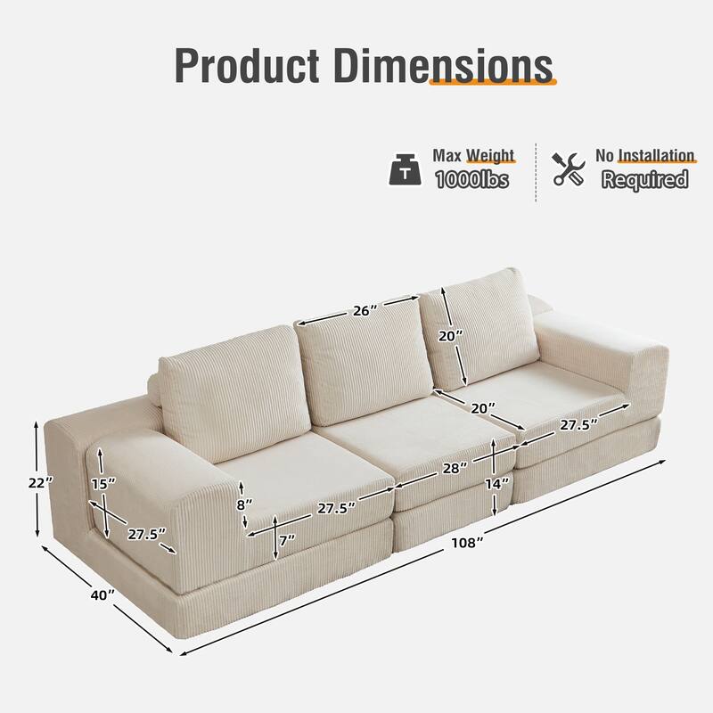 108" Corduroy Upholstered Modular Oversized 3-Seater Convertible Comfy Compressed Sofa