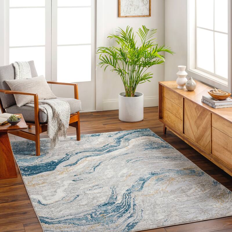 Livabliss San Fran Abstract Swirl Area Rug - Blue/Tan - 5' 3" x 7'