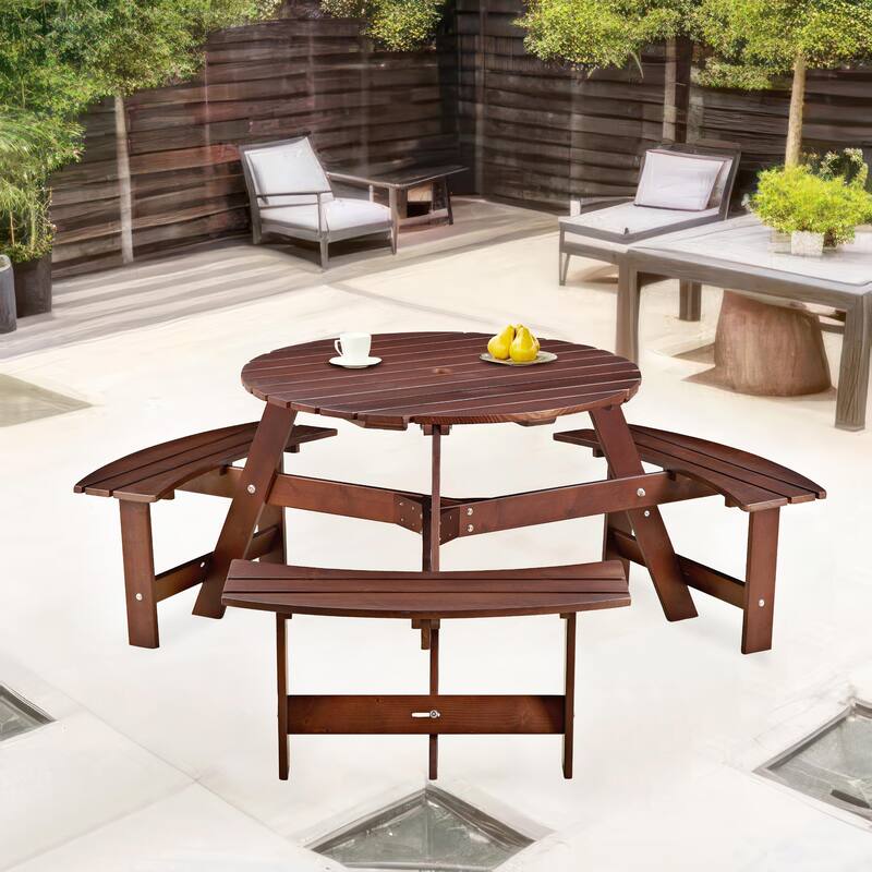 Outdoor 6 Person Round Picnic Table with Bench, Umbrella Hole for Garden, Backyard, Porch, Patio