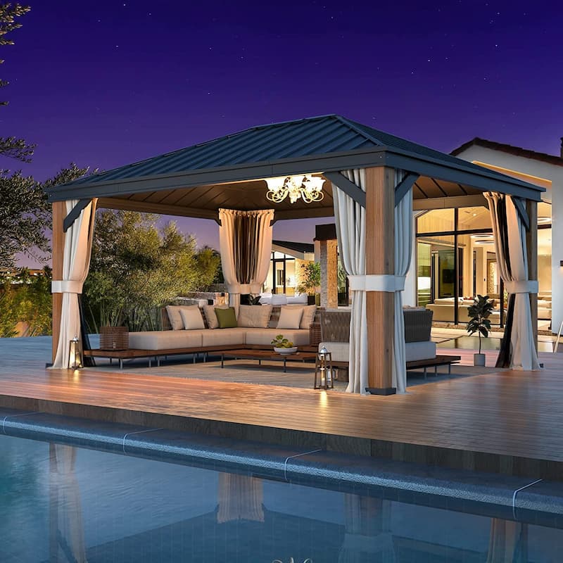 Outdoor Galvanized Steel Roof Gazebo Pergola w Wooden Coated Alumninum Frame, Privacy Curtains and Nettings Include