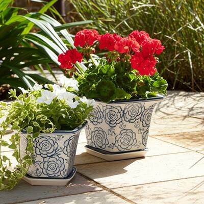 Stoneware Saucer Planters Attached Base for Home Garden (Set of 2)