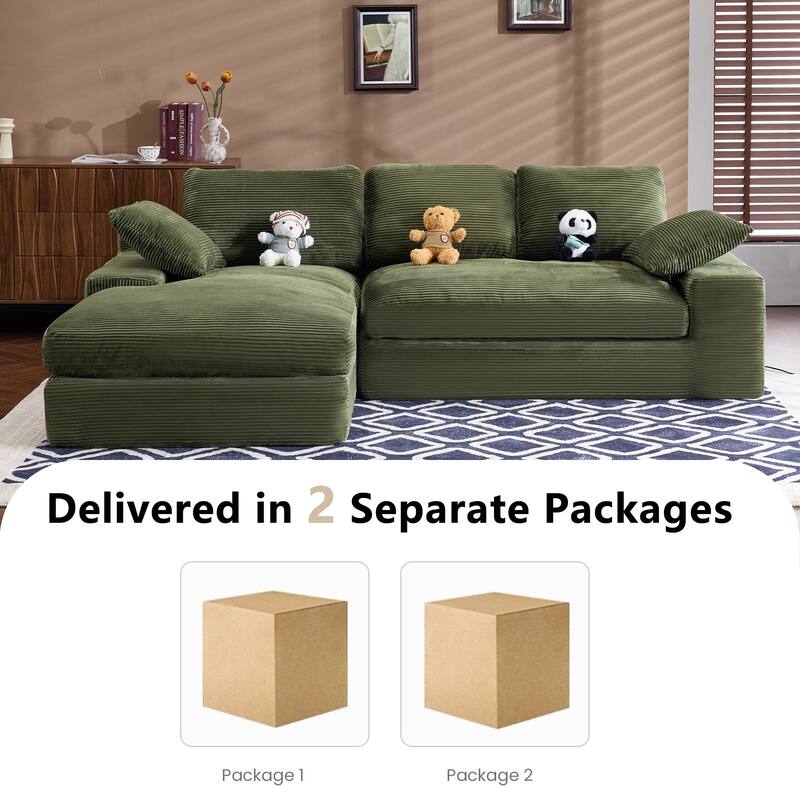 Roomfitters Corduroy Compressed Sofa with 3 Back Cushions & 2 Pillows, Soft Skin-Friendly Couch for Cozy Living Room