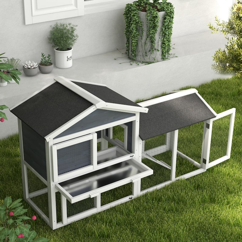 Indoor Outdoor Bunny Hutch with Asphalt Roof and Slide-Out Tray