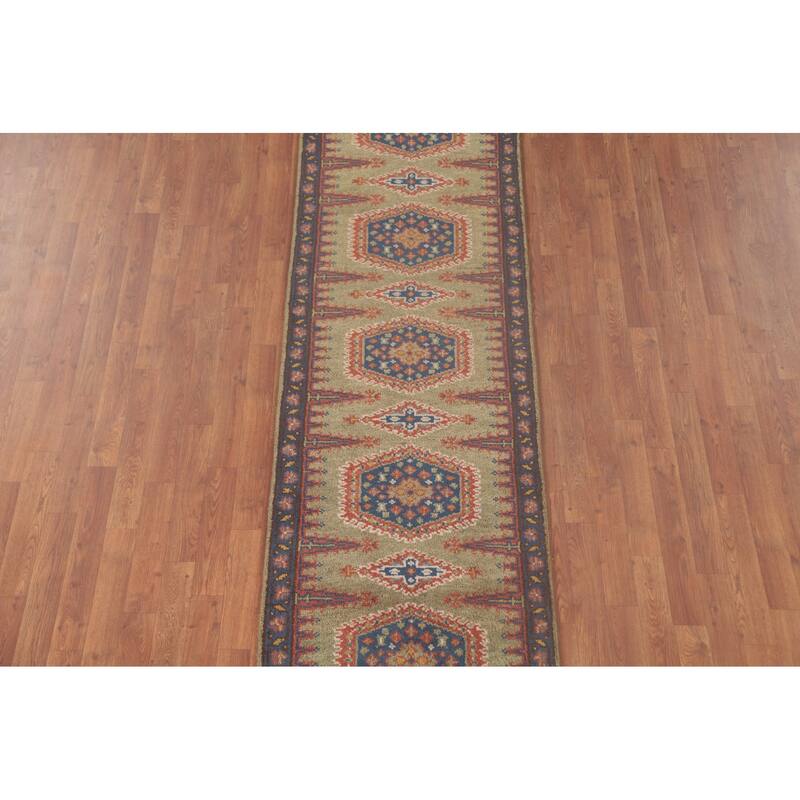 Green Geometric Kazak Oriental Runner Rug Wool Carpet - 2'6"x 9'9"