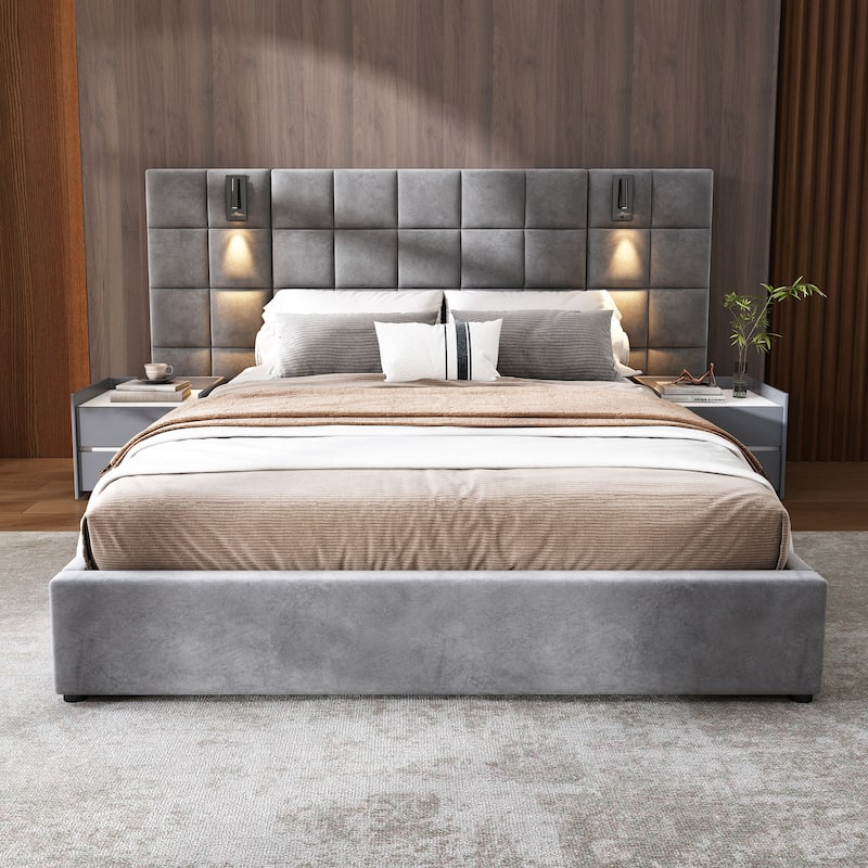 Grounded Bed Upholstered Bed Frame with 46" High Headboard and Integrated Reading Lamp & USB Port, Square Quilting Design - Grey - Queen