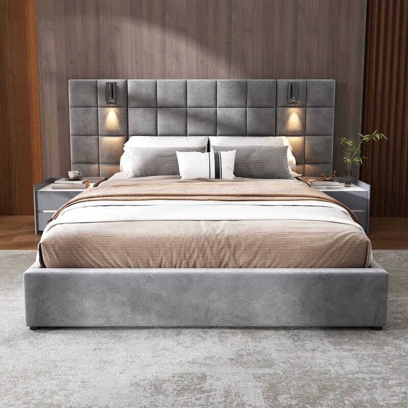 Modern Upholstered Wingback Bed Frame with Wide Headboard, Adjustable Reading Lamp & USB Port, No Box Spring Needed, Velvet,Gray