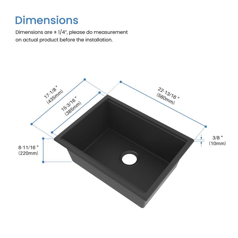 23" Undermount Workstation Single Bowl Quartz Kitchen Sink