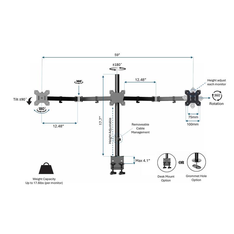 Rocelco 45 in. W Black Height Adjustable Standing Desk Converter with Triple Monitor Mount and Deep Keyboard Tray