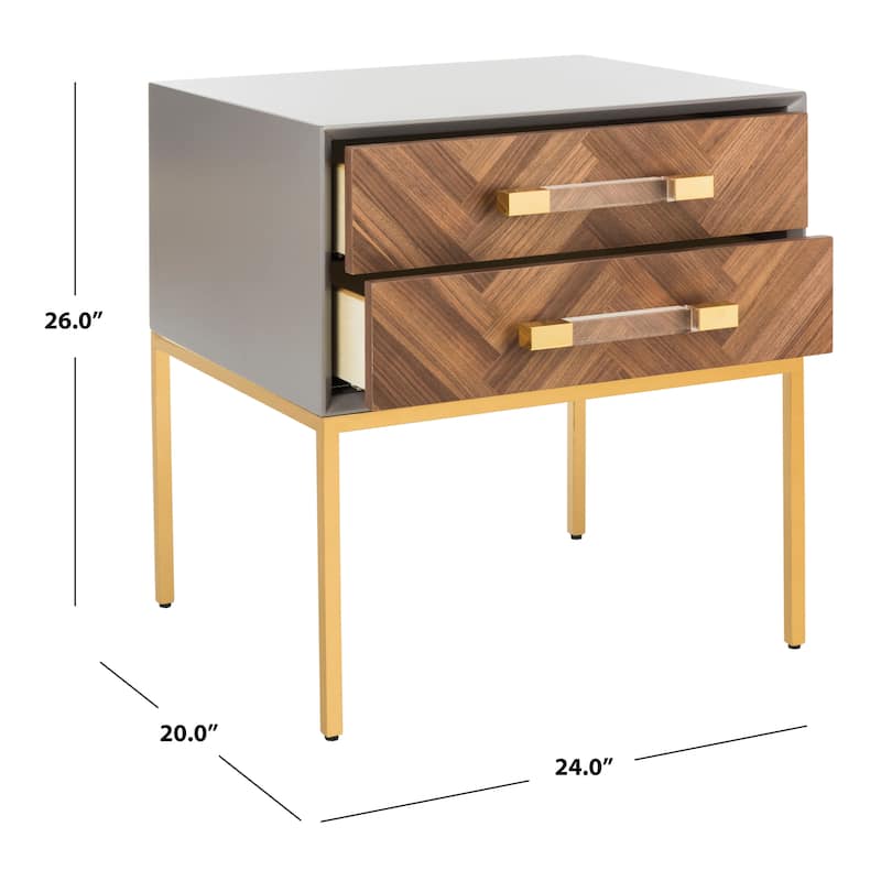 SAFAVIEH Couture Mercês Walnut 2-Drawer Side Table- Charcoal / Gold - 24" W x 20" L x 26" H - 24"W x 20"D x 26"H