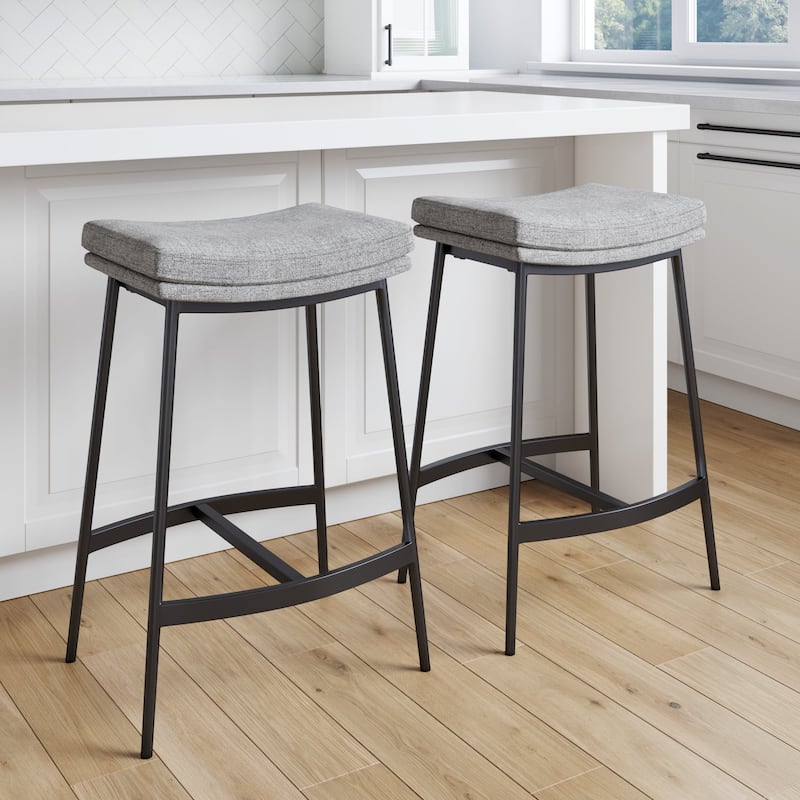 Nathan James Arlo Modern Backless Upholstered Kitchen Counter Bar Stool with Saddle Seat and Metal Base - Set of 2 - Grey/Matte Black