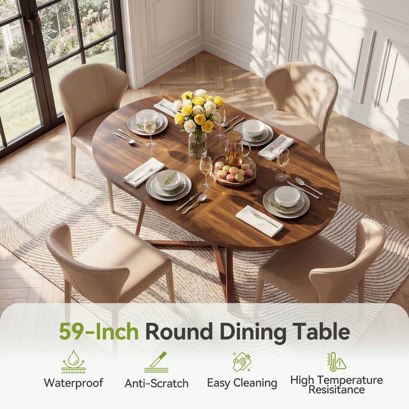 59-Inch Round Dining Table for 4-6 Persons Sturdy X-Shaped Metal Base | Waterproof & Scratch-Resistant Tabletop | Easy Assembly
