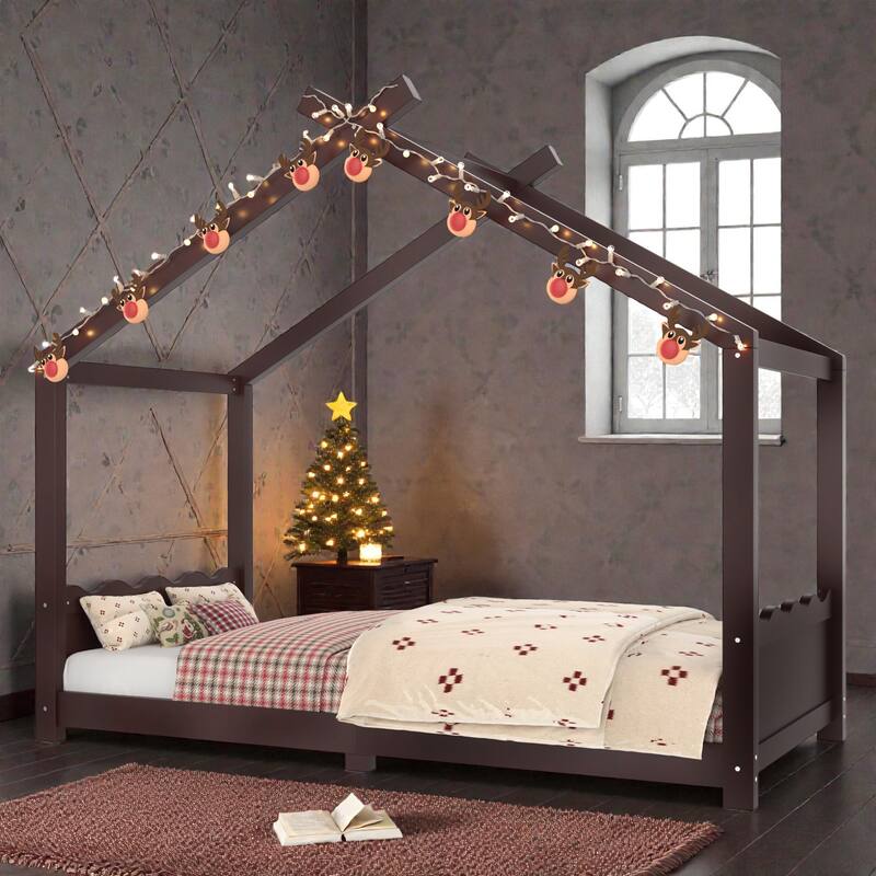 Kids Solid Wood House Floor Bed with Support Slats, Montessori Low Profile Bed, No Box Spring Needed - Espresso - Twin