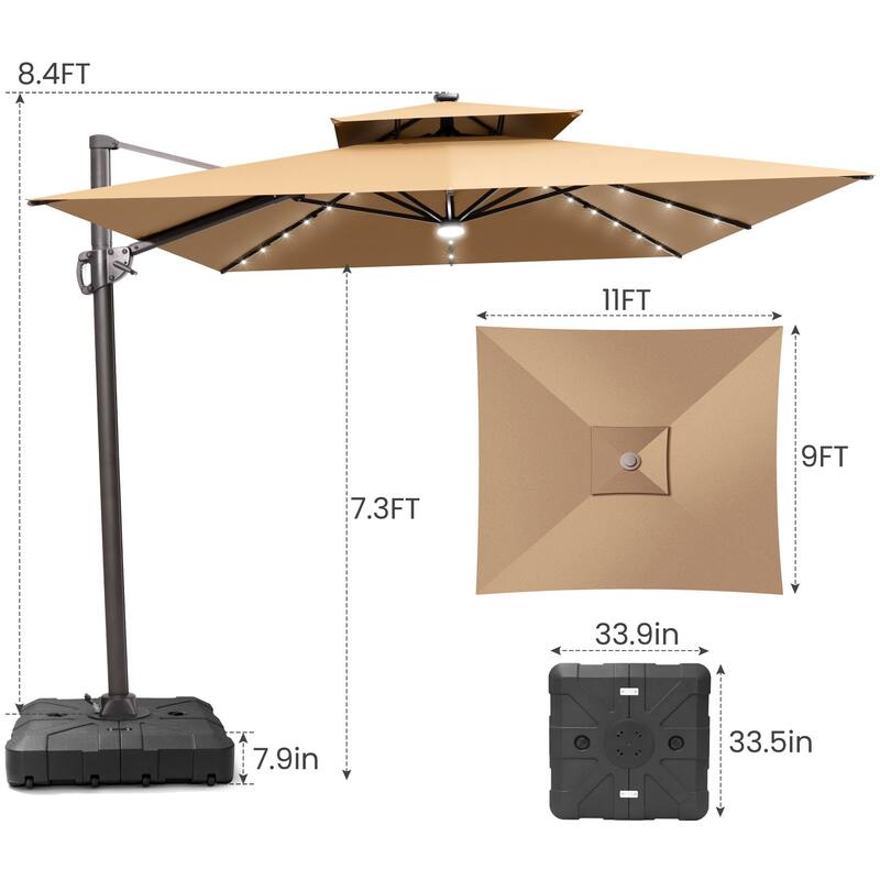 9 x 11 FT Outdoor LED Lighted Double Top Patio Cantilever Umbrella with Base