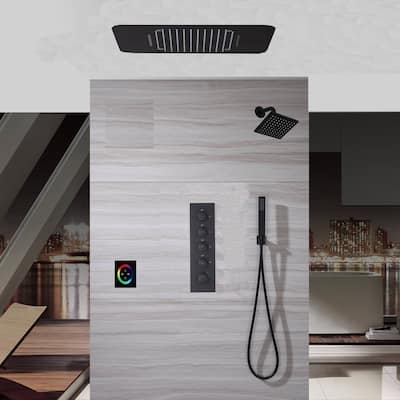 23 inch 64 LED color light rainfall waterfall head 4 way thermostatic shower system matte black with 6 inch head - 7'6" x 10'9"