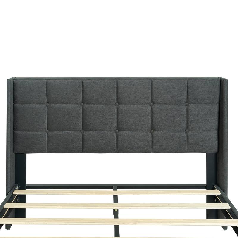 Queen Size Upholstered Platform Bed Frame with Button Tufted Linen Fabric Headboard, No Box Spring Needed, Wood Slat Support